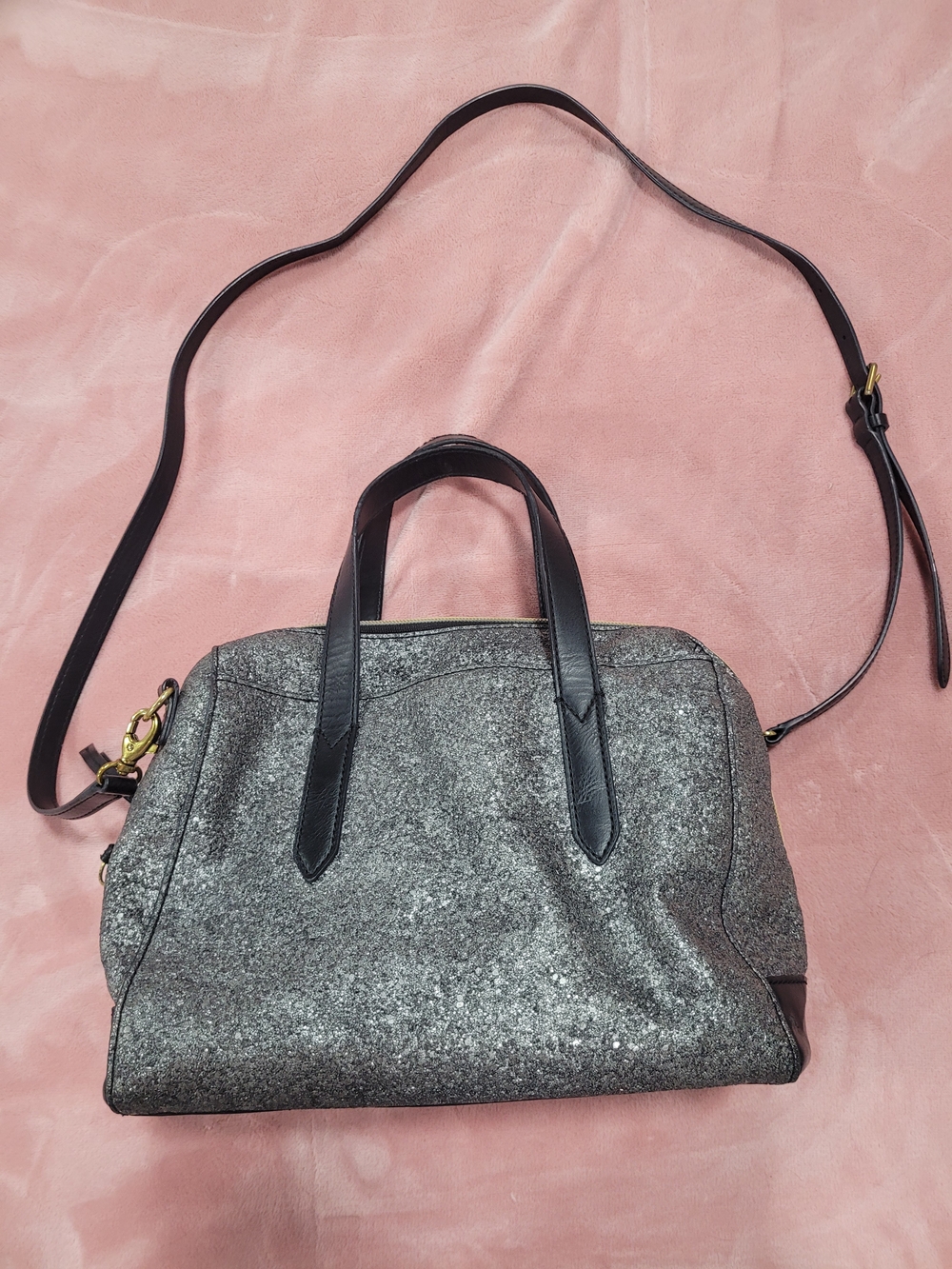 Fossil Silver Glitter Shoulder Bag with Black Trim